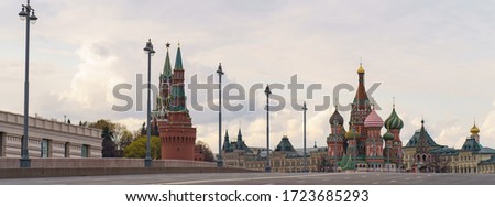 Moscow city downtown in spring. No people. Bolshoy Moskvoretsky Bridge, Spasskaya Tower, Saint Basil's Cathedral (Cathedral of Vasily the Blessed), GUM (State Department store) coronavirus pandemic