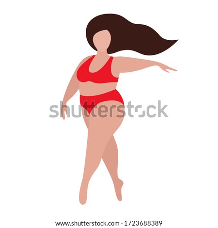 A fat white woman in red underwear or a bathing suit with flowing hair is dancing. The concept of body positivity and love for your body. Vector stock flat illustration isolated on a white background.