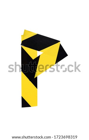 Letter P from yellow and black warning tape isolated on white background. Caution lines. Danger and risk sticky tape. Police stripe line. Industrial protection