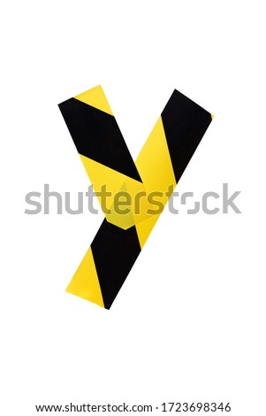 Letter Y from yellow and black warning tape isolated on white background. Caution lines. Danger and risk sticky tape. Police stripe line. Industrial protection