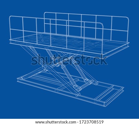 Scissors lift concept outline. Vector rendering of 3d. Wire-frame style. The layers of visible and invisible lines are separated