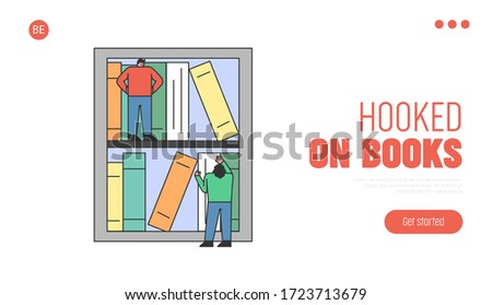 Online Digital Library Website Landing Page. Man And Woman Choosing Necessary Books For Reading Online. Characters Standing Near Huge Tablet. Web Page Cartoon Linear Outline Flat Vector Illustration
