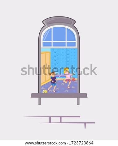 Neighbors in windows of old house. House building facade with open windows with people. Cartoon characters little children boy girl are playing run after each other with toy swords. Quarantine concept