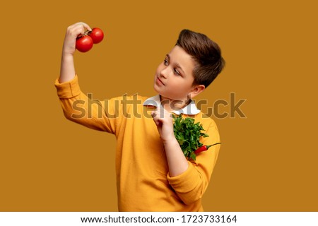 Child on a yellow background with vegetables. The child chooses a healthy lifestyle. A boy in bright clothes on a colored background holds a bag of vegetables.