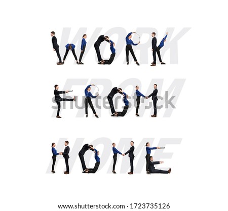 Group of people forming Work From Home phrase isolated over white background, studio wall