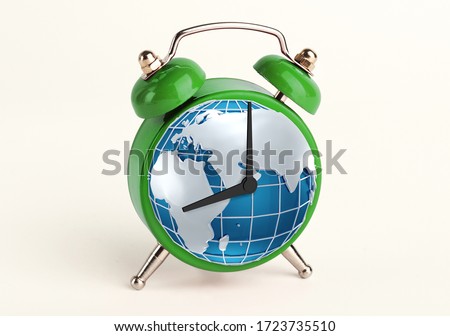 Environmental wakeup call concept. Collage of alarm clock with globe instead of hour face isolated on white