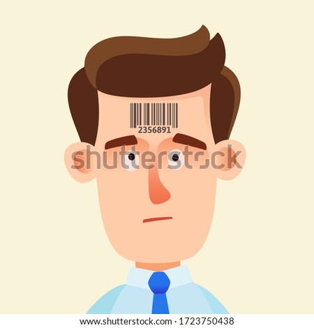 A barcode on head. QR code, microchip on forehead. Chipization of humanity, control of people, employees. Vector illustration concept, flat design, cartoon style, isolated background.