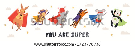 Banner, card with cute animal superheroes flying, quote You are super. Hand drawn vector illustration. Isolated objects on white background. Scandinavian style flat design. Concept for children print.