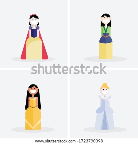 Flat design characters smiling colorful princesses with fairy-like dresses
