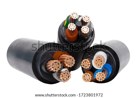 Large copper power cable on white background Royalty-Free Stock Photo #1723801972