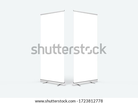 Empty rollup banners stand. Blank template mockups. Exhibition stand roll-up banners, screen for you design. Vertical white roll up for preview. Royalty-Free Stock Photo #1723812778