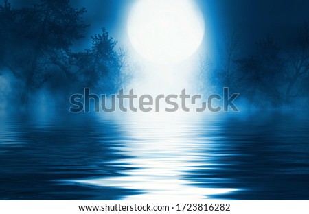 Background night landscape. The night sky, the full moon. Reflection of the moon on the water.