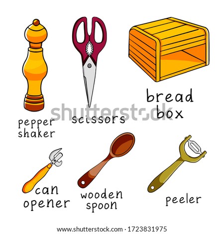 Hand drawn  colorful cute cartoon vector illustration with names. Set of kitchen objects and tools as: pepper shaker, scissors, bread box, peeler, can opener, wood spoon . 