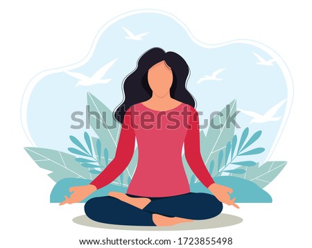 
girl in lotus position meditates at home. flat style vector illustration Royalty-Free Stock Photo #1723855498