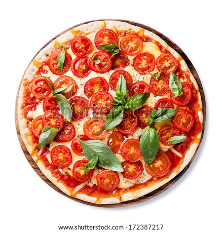 Italian pizza with cherry tomatoes and green basil on white background