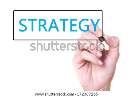 Business hand writing strategy on glass