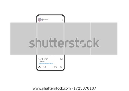 The mockup of the mobile application on the screen of a realistic smartphone. Phone with carousel interface post on social network. Vector illustration.  Royalty-Free Stock Photo #1723878187