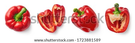 Set of fresh whole and sliced red sweet pepper isolated on white background. Top view Royalty-Free Stock Photo #1723881589
