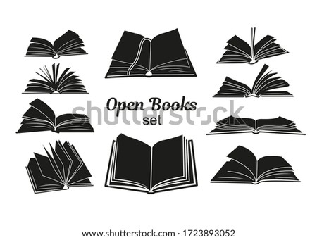 Open book black silhouettes. Knowledge and education symbols set isolated on white background. Books pictograms for bookstore, literature classes or book fair logo design vector illustration.