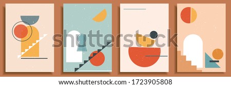 Collection of contemporary art posters in pastel colors. Abstract paper cut geometric elements , shapes and strokes, dots. Great deisgn for social media, postcards, print. Royalty-Free Stock Photo #1723905808