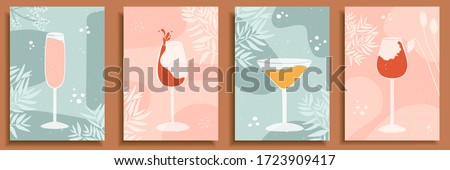 Abstract still life in pastel colors posters. Collection of contemporary art. Elements and shapes for social media, postcards, print. Hand drawn glasses, wine, drops, champagne, alcohol, cocktail. Royalty-Free Stock Photo #1723909417