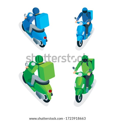 Delivery service courier. Takeaway delivery boy on scooter with thermal food case. Isometric vector illustration. Top, back and side views. Part of set.