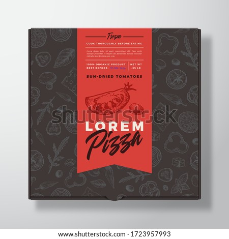 Sun Dried Tomato Frozen Pizza Realistic Cardboard Box. Abstract Vector Packaging Design or Label. Modern Typography, Sketch Seamless Food Pattern. Black Paper Background Layout. Isolated.