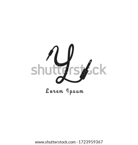 Audio logo design template. Cable jack logo concept forming Letter y lowercase Alphabet. Handwriting, Isolated, Audio equipment, sound system, instrument. Black and White