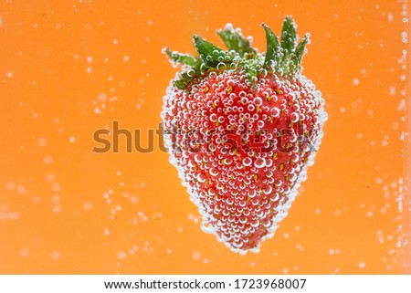 Fresh strawberry fruit floating in the soda water on orange background. High value commercial food photography.