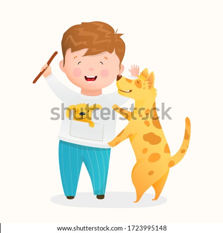 Happy boy playing with his dog, cute little kid and puppy friends having good time together. Funny laughing child and puppy characters kids cartoon. Vector drawing in watercolor style cartoon.