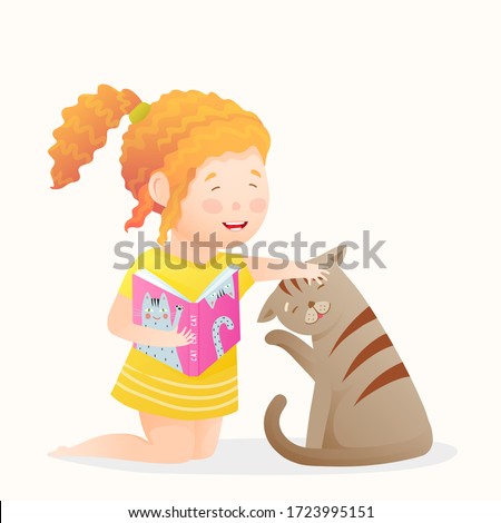 Happy girl playing reading book to her cat, cute little kid and kitten friends having good time together. Funny laughing child and cat characters for kids. Vector cartoon drawing in watercolor style.