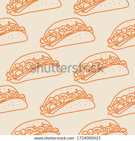 Taco traditional mexican food related seamless pattern. Outlined icons on green background. Geometric layout. Terracotta color palette. Vector stock illustration in doodle style. 