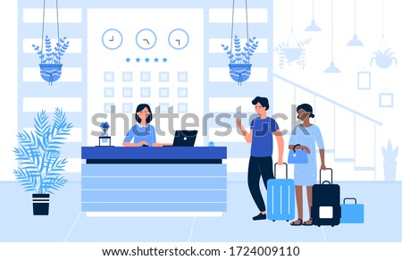Hotel reception vector illustration. Cartoon flat tourist or traveller people standing at desk in office lobby room interior, guests talking with receptionist, registration hotel service background Royalty-Free Stock Photo #1724009110