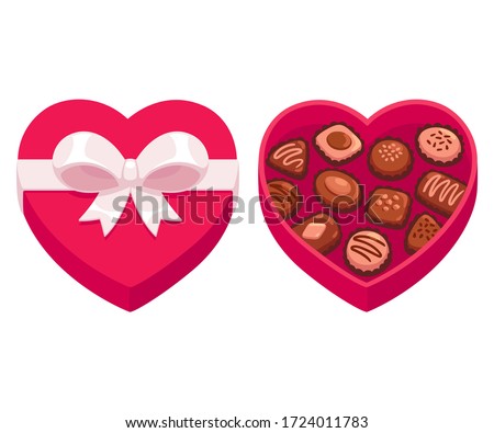 Heart shaped box of chocolates with ribbon bow, open and closed. Isolated vector clip art illustration.