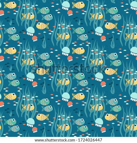 Underwater life, fish and jellyfish. Seamless vector, easy to change color. This pattern is suitable for fabrics, t-shirts, gift wrapping, postcards and other printing surfaces.
