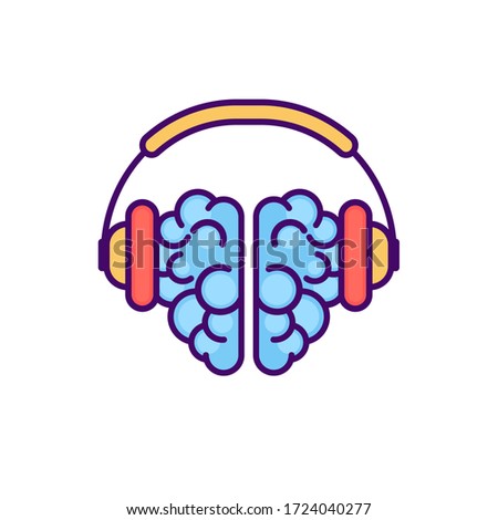 Brain with headphones. E-learning concept, online education logo. Mental health concept. Brain music logotype. Audio listening illustration. 