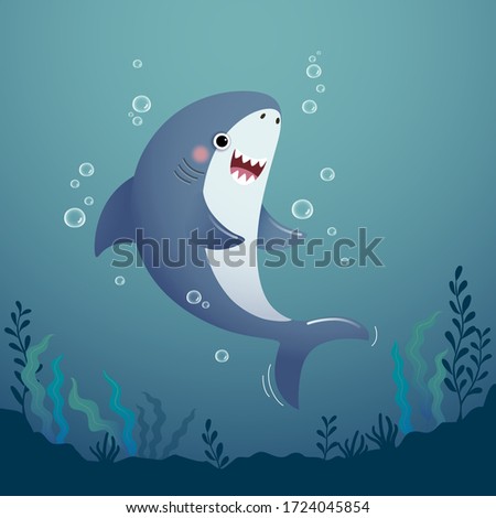 Vector illustration cute cartoon shark in the deep blue water.