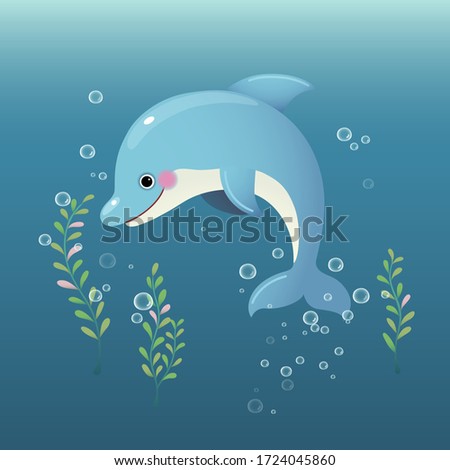 Vector illustration cute cartoon dolphin swimming underwater in the blue ocean.