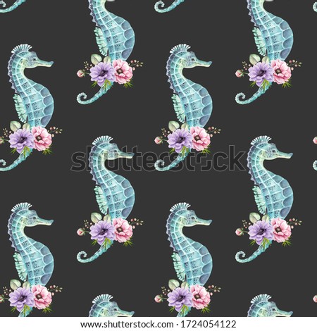seamless background with sea blue seahorses, watercolor illustration sea animal with a bouquet of pink flowers