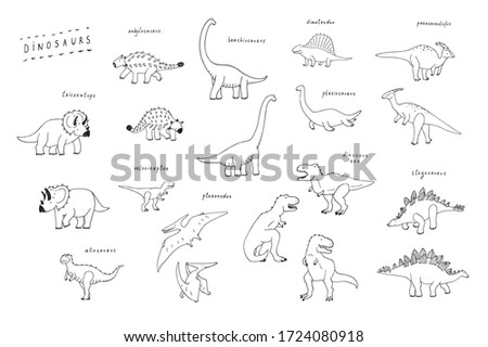 Dinosaurs hand drawn line doodle vector illustrations set for kids