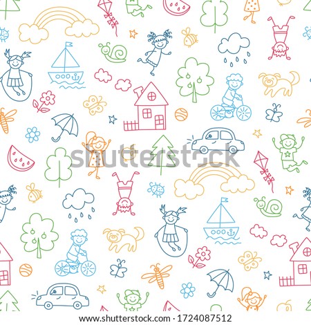 Happy children in summer park. Funny small kids play, run and jump. Color seamless pattern in childish doodle style. Hand drawn vector illustration on white background Royalty-Free Stock Photo #1724087512