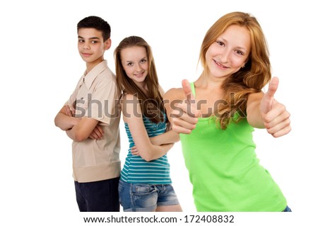 Schoolgirl with friends showing sign ok