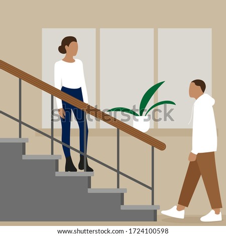
Female character stands on the stairs and looks at the male character on the background of a wall with a window