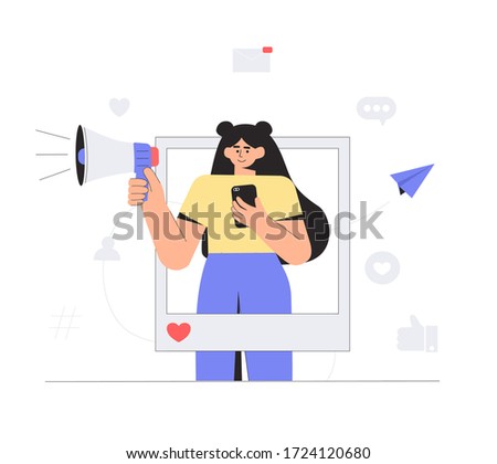 Social media influencer. Woman holding megaphone and a phone in his hands  in the social profile frame. Marketing, SMM banner, social media or network promotion, flyer. Different social network icons.
