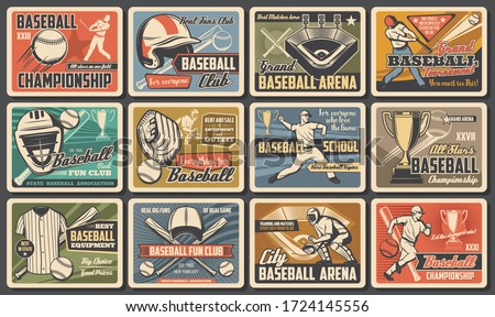 Baseball player and batter with bat, ball at arena. Baseball and softball sport tournament and equipment. Vintage retro sport posters, fan club and championship, cup match