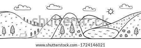 Seamless horizontal landscape mountain and lake nature ready for footer or header web site or landing page design. Set of vector illustration doodle black and white isolated on white background