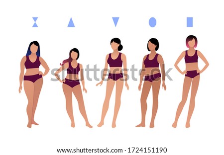 Vector illustrations collection of female body types characters isolated on white background.