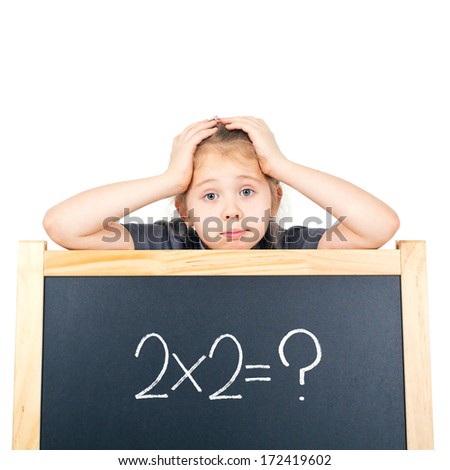 Back to school concept. Colorful studio portrait of beauty little girl with chalkboard isolated on white background. Chalkboard with education text. (isolated with clipping path)