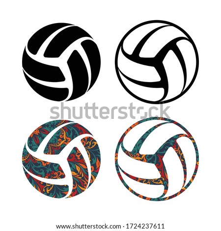 Set of black and color floral pattern volleyball silhouettes. Isolated on white background sport balls with decoration