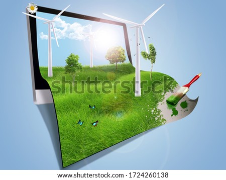 Green meadow with windmills, butterflies coming out of a tv screen and paint brush isolated on blue background. Virtual reality eco technology concept. Artistic design raster illustration manipulation